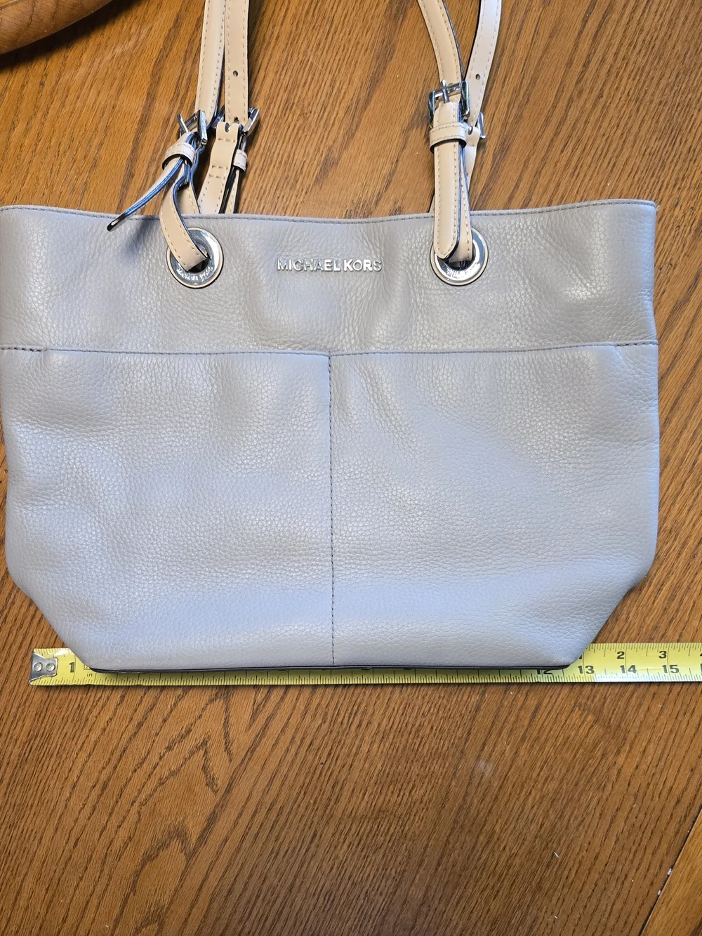 Michael Kors Pebbled Leather Tote in Light Gray with Beige Straps